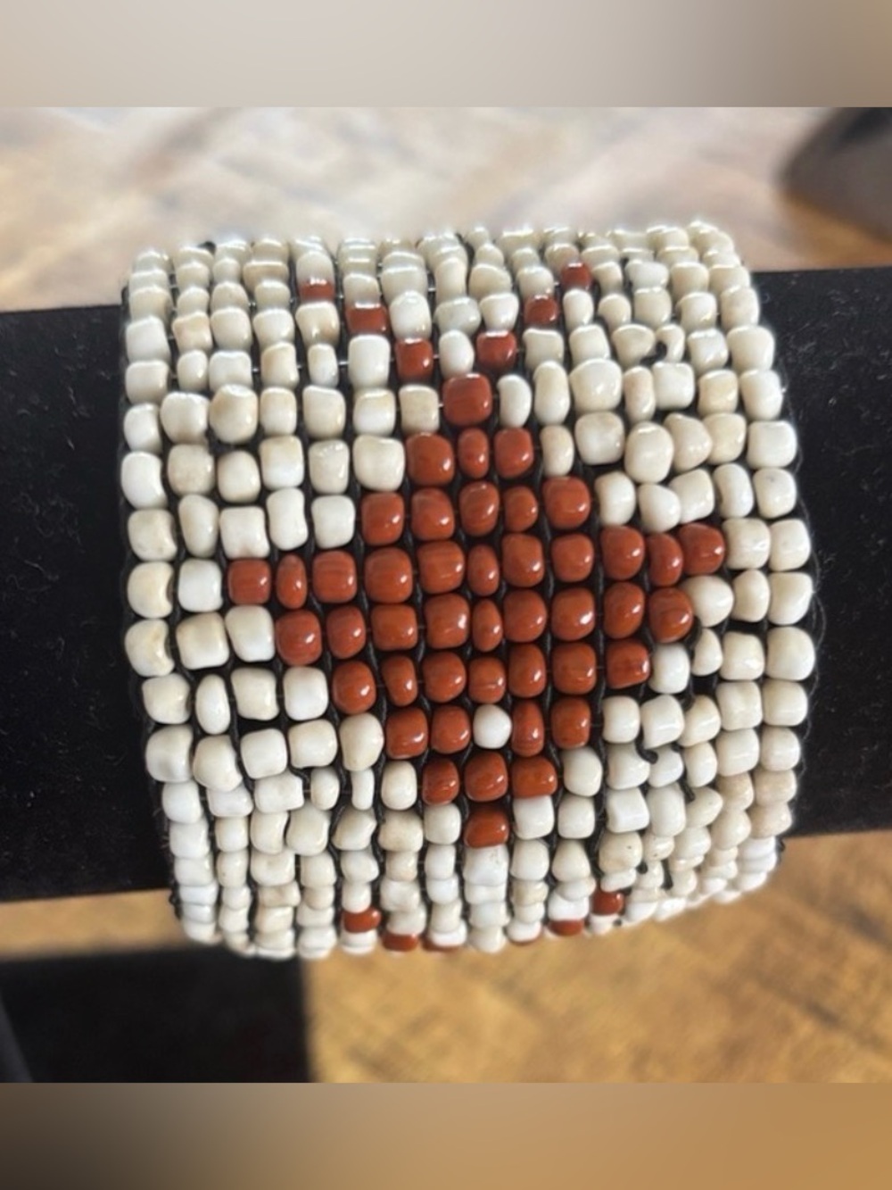 Boho Native Style Beaded Stretch Bracelet White Brown Beads Fish Artisan